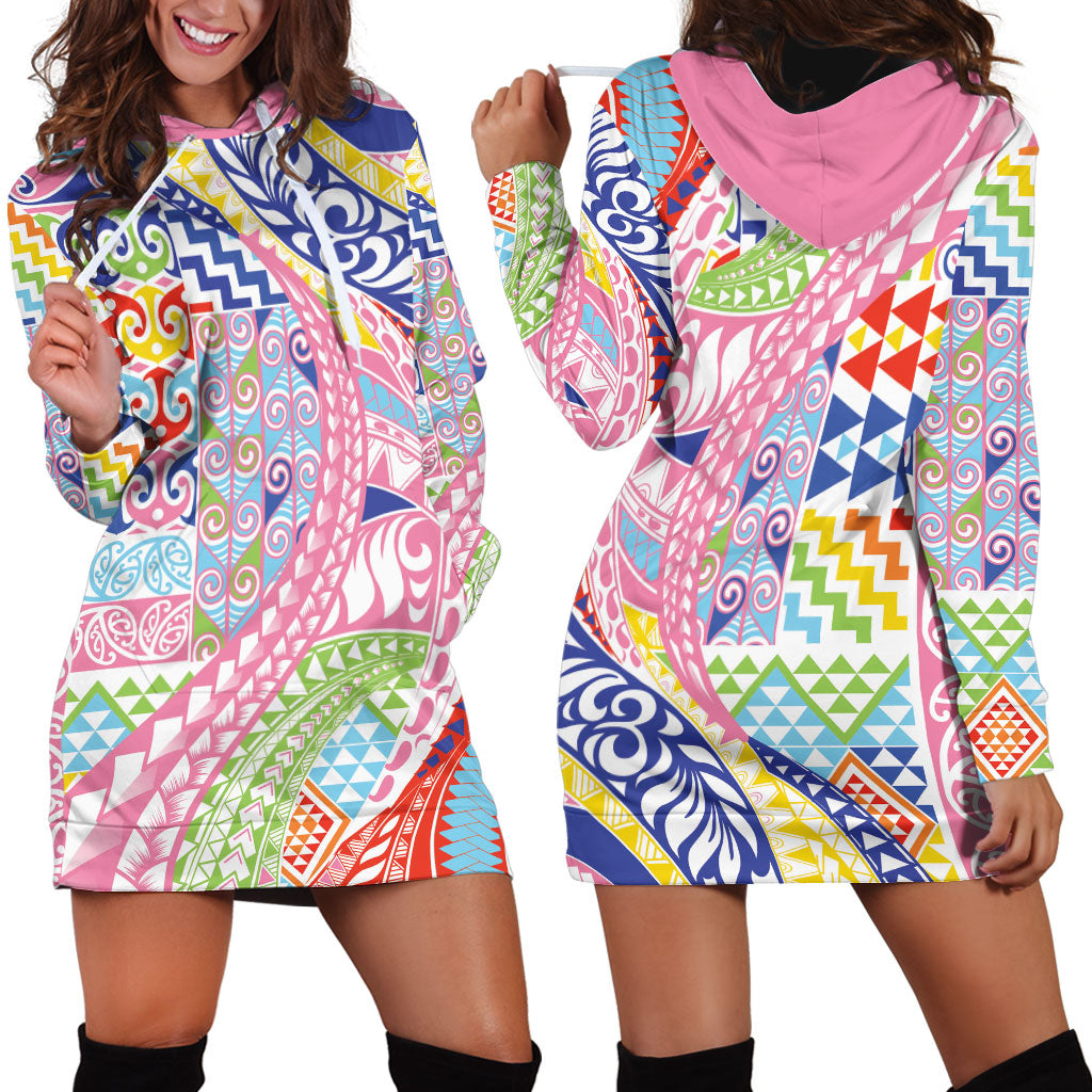 Maori Kowhaiwhai Taniko Patchwork Rainbow Motifs Hoodie Dress