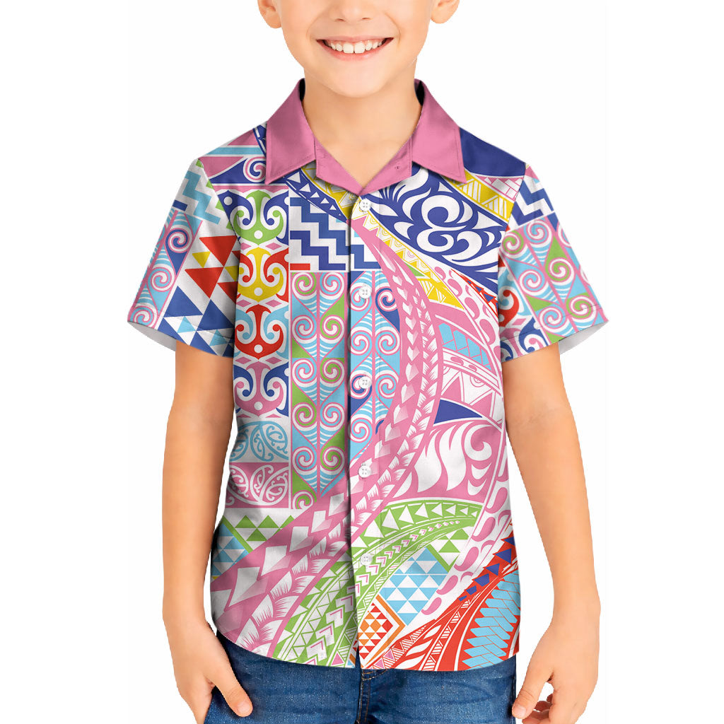 Maori Kowhaiwhai Taniko Patchwork Rainbow Motifs Kid Hawaiian Shirt