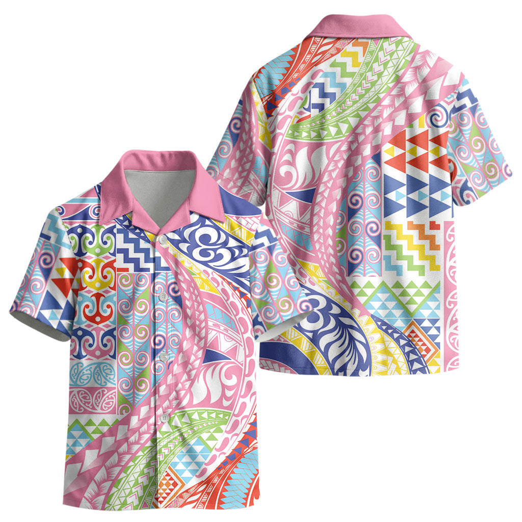 Maori Kowhaiwhai Taniko Patchwork Rainbow Motifs Kid Hawaiian Shirt