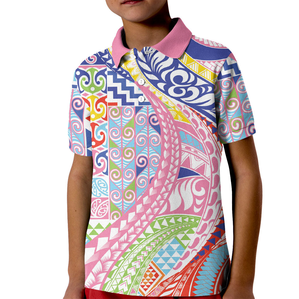 Maori Kowhaiwhai Taniko Patchwork Rainbow Motifs Kid Polo Shirt