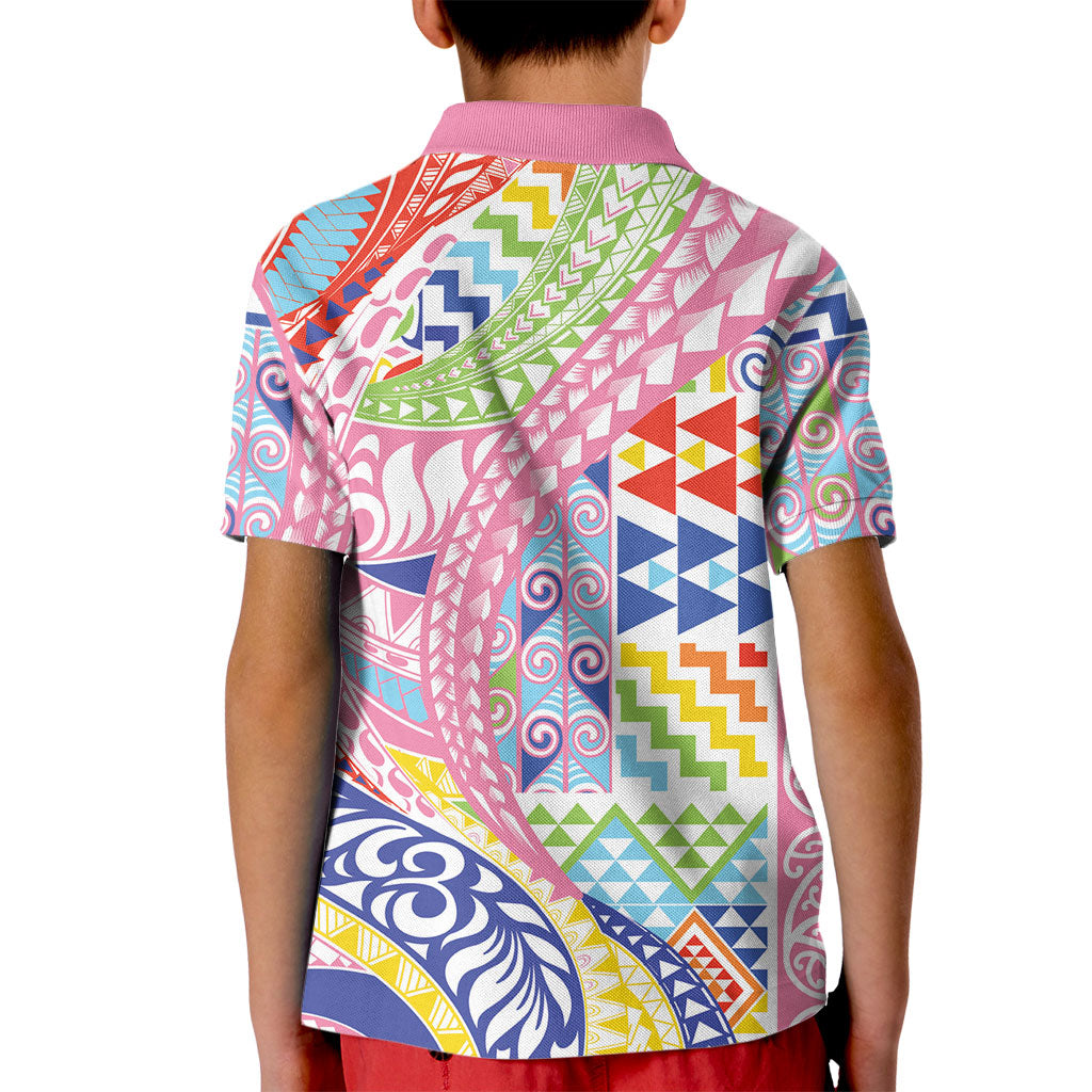 Maori Kowhaiwhai Taniko Patchwork Rainbow Motifs Kid Polo Shirt