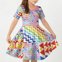 Maori Kowhaiwhai Taniko Patchwork Rainbow Motifs Kid Short Sleeve Dress