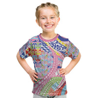 Maori Kowhaiwhai Taniko Patchwork Rainbow Motifs Kid T Shirt