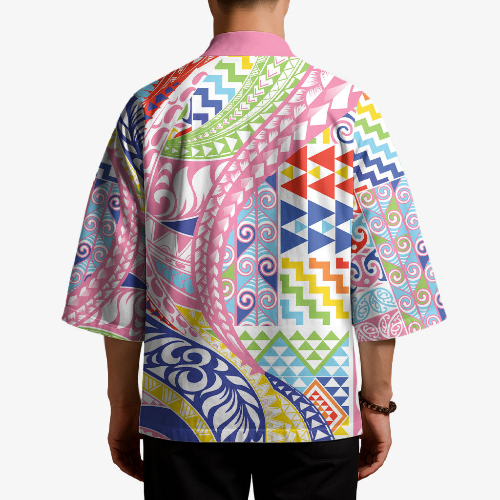 Maori Kowhaiwhai Taniko Patchwork Rainbow Motifs Kimono