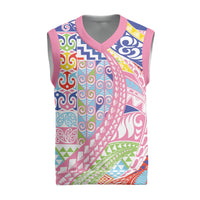 Maori Kowhaiwhai Taniko Patchwork Rainbow Motifs Christmas Knitted V-Neck Vest