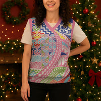 Maori Kowhaiwhai Taniko Patchwork Rainbow Motifs Christmas Knitted V-Neck Vest