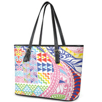 Maori Kowhaiwhai Taniko Patchwork Rainbow Motifs Leather Tote Bag