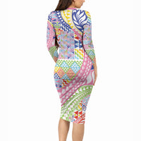 Maori Kowhaiwhai Taniko Patchwork Rainbow Motifs Long Sleeve Bodycon Dress