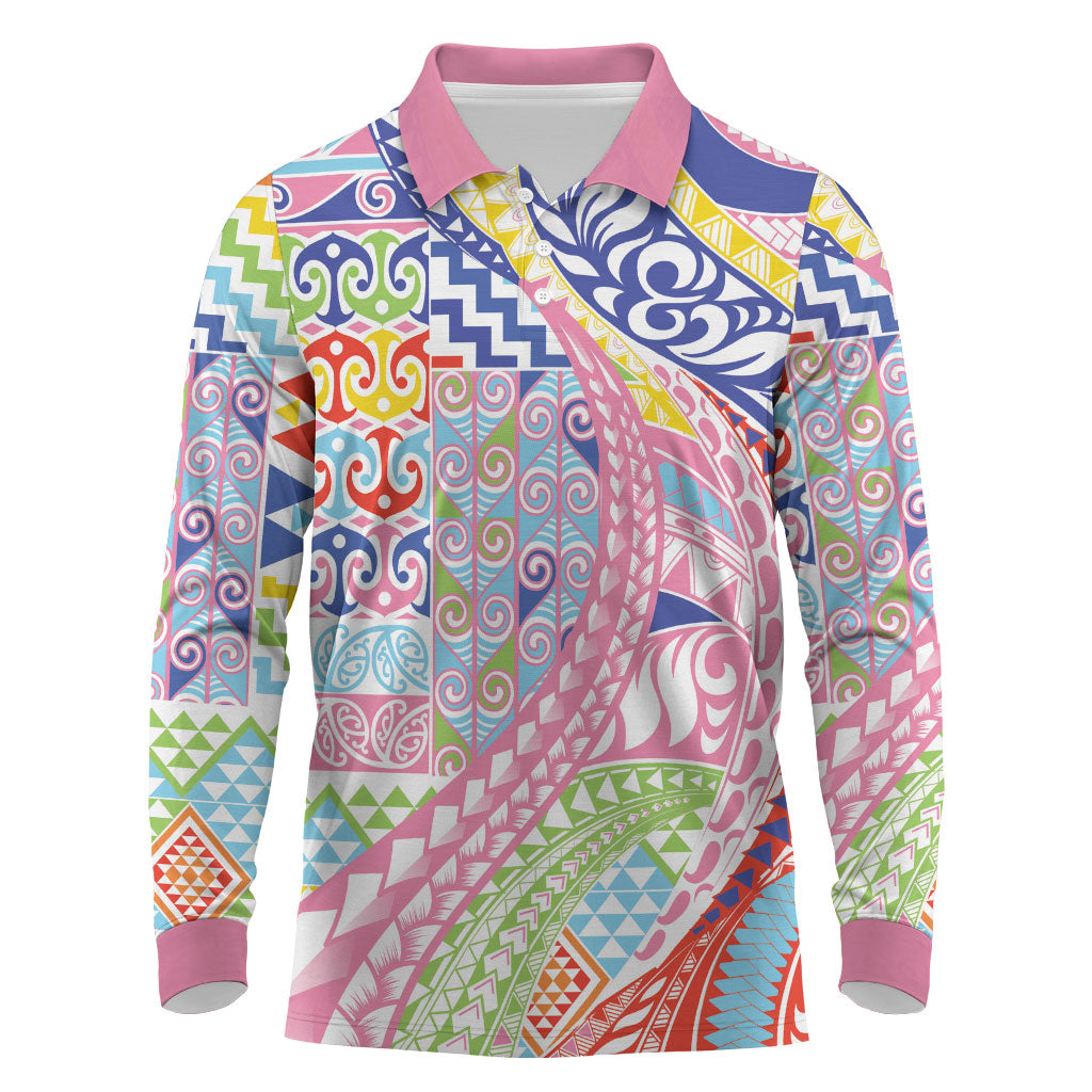 Maori Kowhaiwhai Taniko Patchwork Rainbow Motifs Long Sleeve Polo Shirt