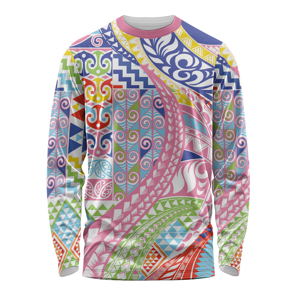 Maori Kowhaiwhai Taniko Patchwork Rainbow Motifs Long Sleeve Shirt