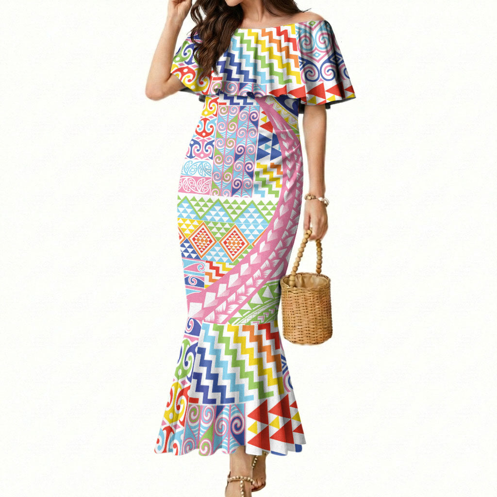 Maori Kowhaiwhai Taniko Patchwork Rainbow Motifs Mermaid Dress