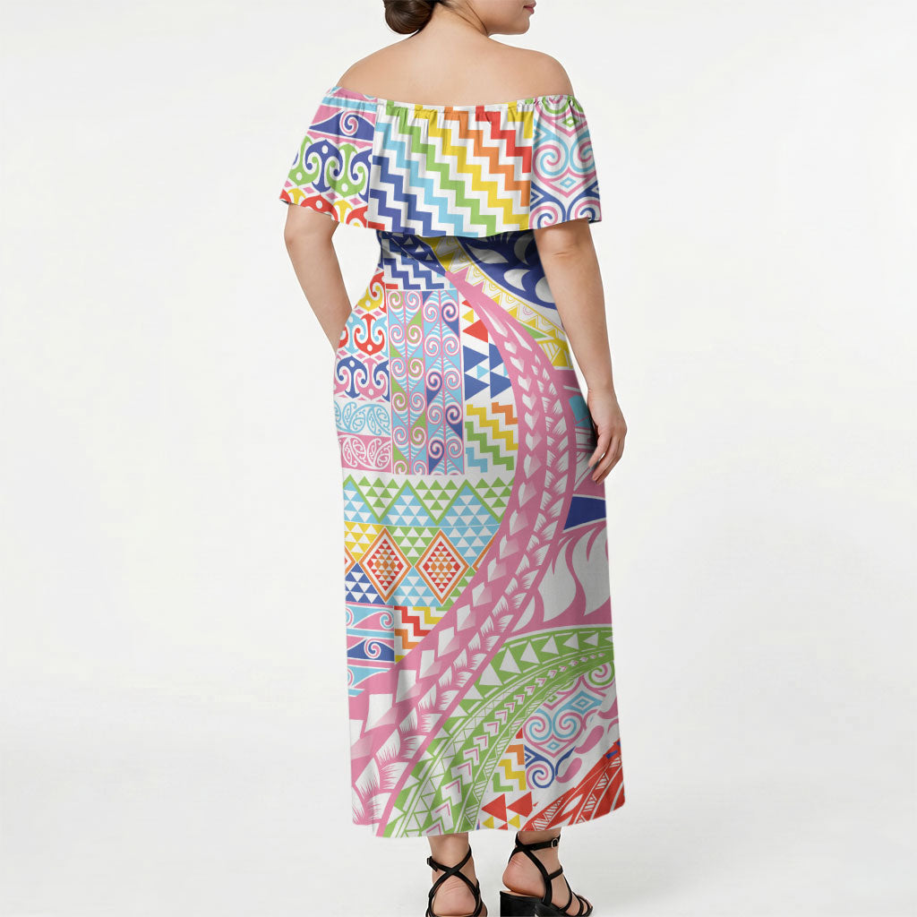 Maori Kowhaiwhai Taniko Patchwork Rainbow Motifs Off Shoulder Maxi Dress