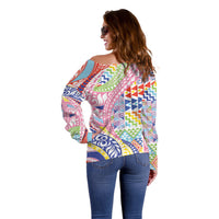 Maori Kowhaiwhai Taniko Patchwork Rainbow Motifs Off Shoulder Sweater