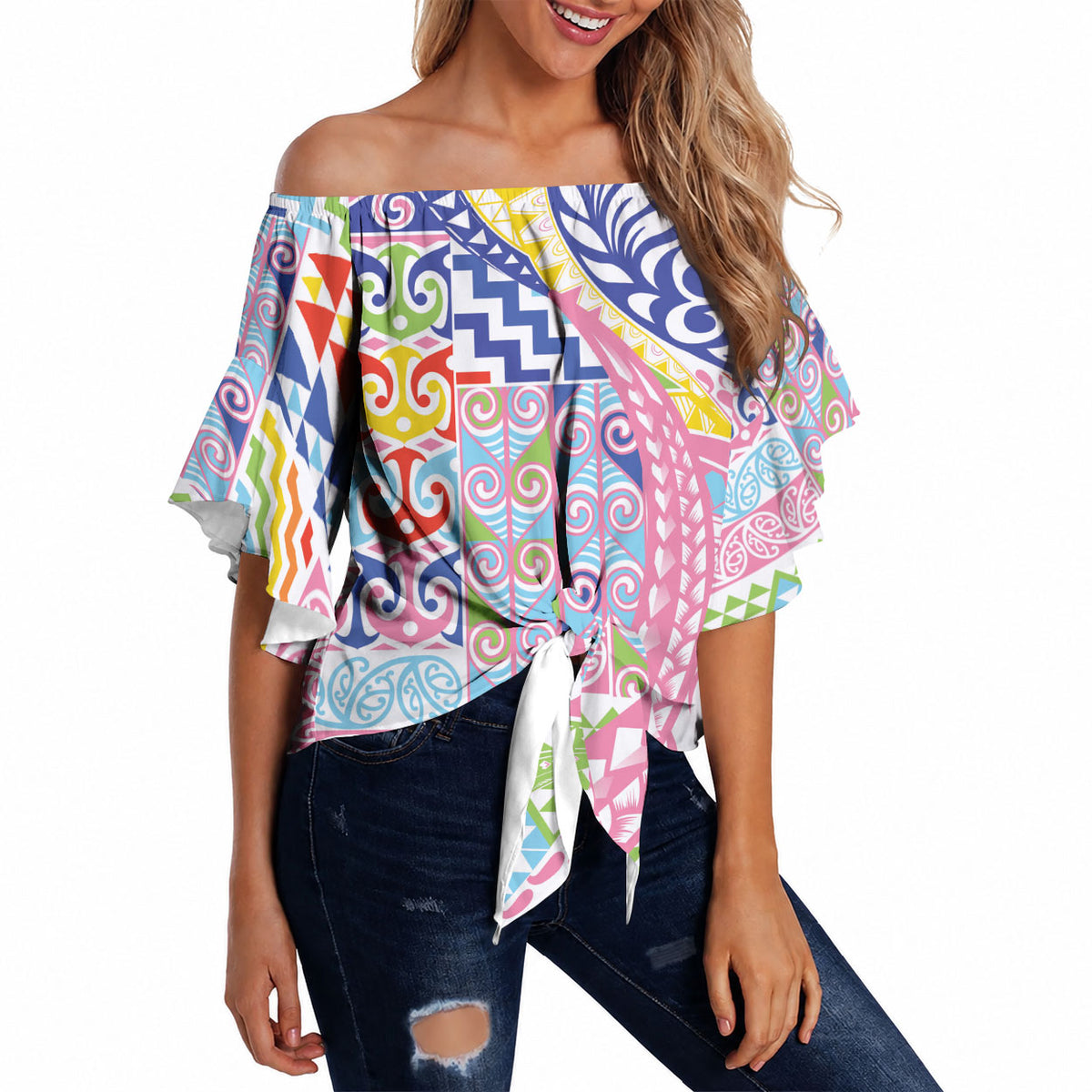 Maori Kowhaiwhai Taniko Patchwork Rainbow Motifs Off Shoulder Wrap Waist Top