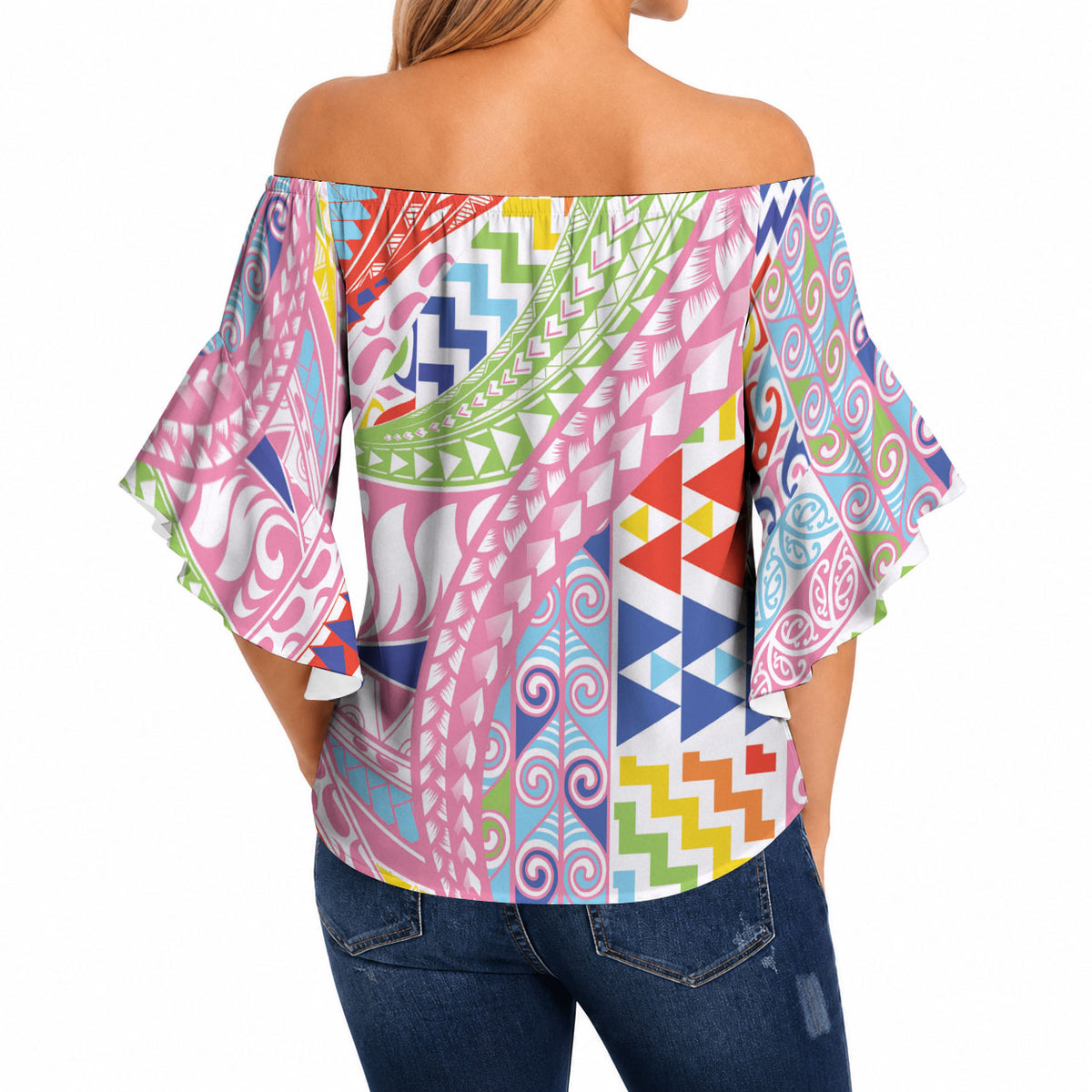 Maori Kowhaiwhai Taniko Patchwork Rainbow Motifs Off Shoulder Wrap Waist Top