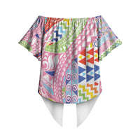 Maori Kowhaiwhai Taniko Patchwork Rainbow Motifs Off Shoulder Wrap Waist Top