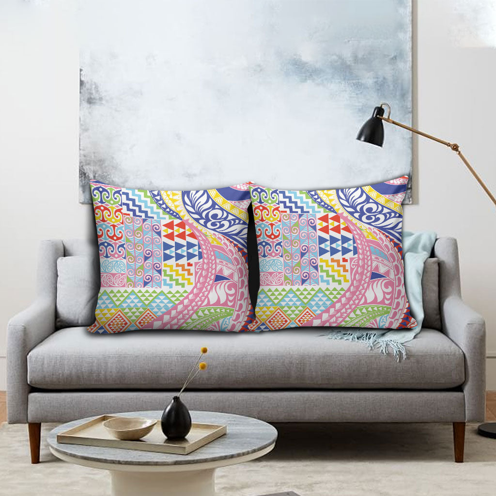 Maori Kowhaiwhai Taniko Patchwork Rainbow Motifs Pillow Cover