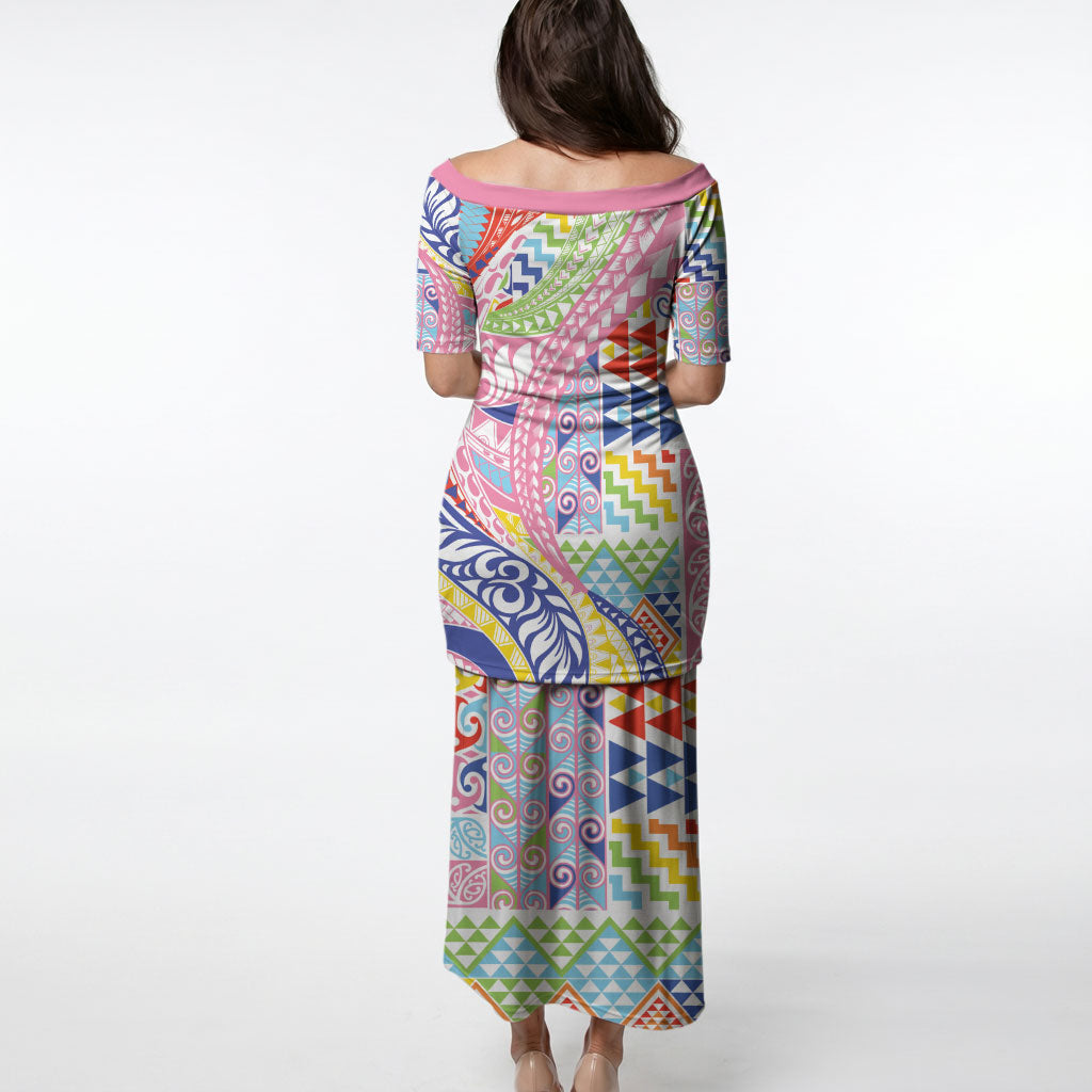 Maori Kowhaiwhai Taniko Patchwork Rainbow Motifs Puletasi