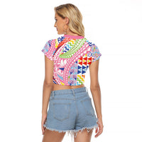 Maori Kowhaiwhai Taniko Patchwork Rainbow Motifs Raglan Cropped T Shirt