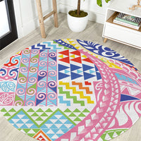 Maori Kowhaiwhai Taniko Patchwork Rainbow Motifs Round Carpet