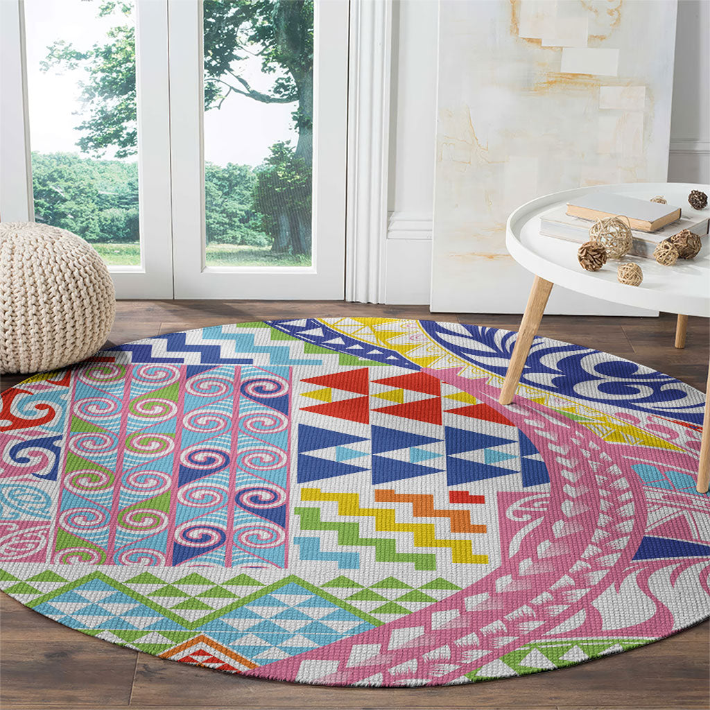Maori Kowhaiwhai Taniko Patchwork Rainbow Motifs Round Carpet