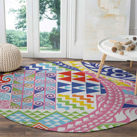 Maori Kowhaiwhai Taniko Patchwork Rainbow Motifs Round Carpet