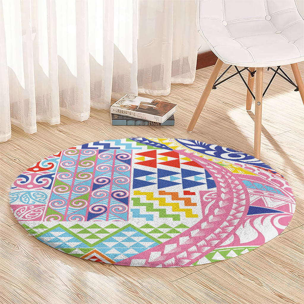 Maori Kowhaiwhai Taniko Patchwork Rainbow Motifs Round Carpet