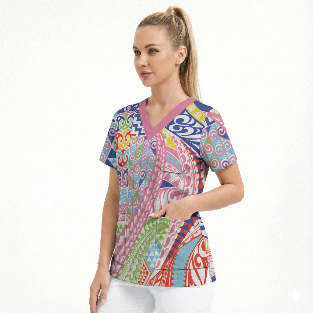 Maori Kowhaiwhai Taniko Patchwork Rainbow Motifs Scrub Top