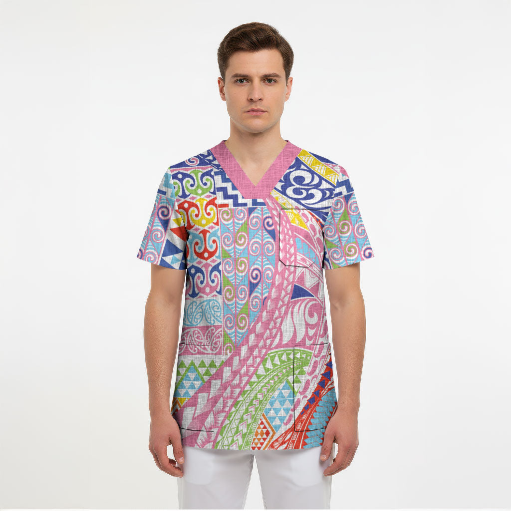 Maori Kowhaiwhai Taniko Patchwork Rainbow Motifs Scrub Top