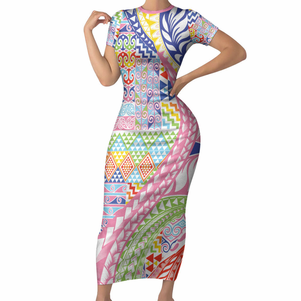 Maori Kowhaiwhai Taniko Patchwork Rainbow Motifs Short Sleeve Bodycon Dress