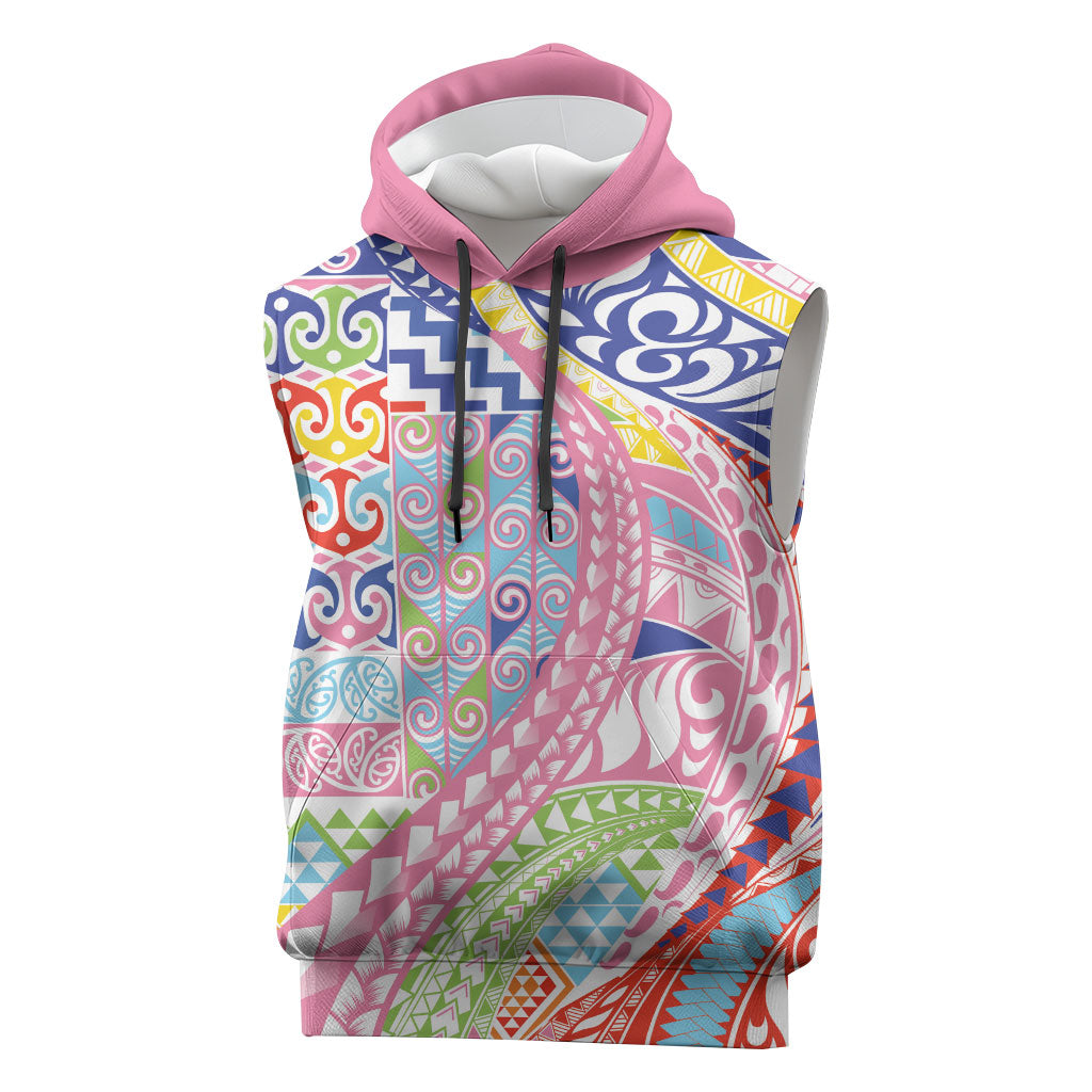Maori Kowhaiwhai Taniko Patchwork Rainbow Motifs Sleeveless Hoodie