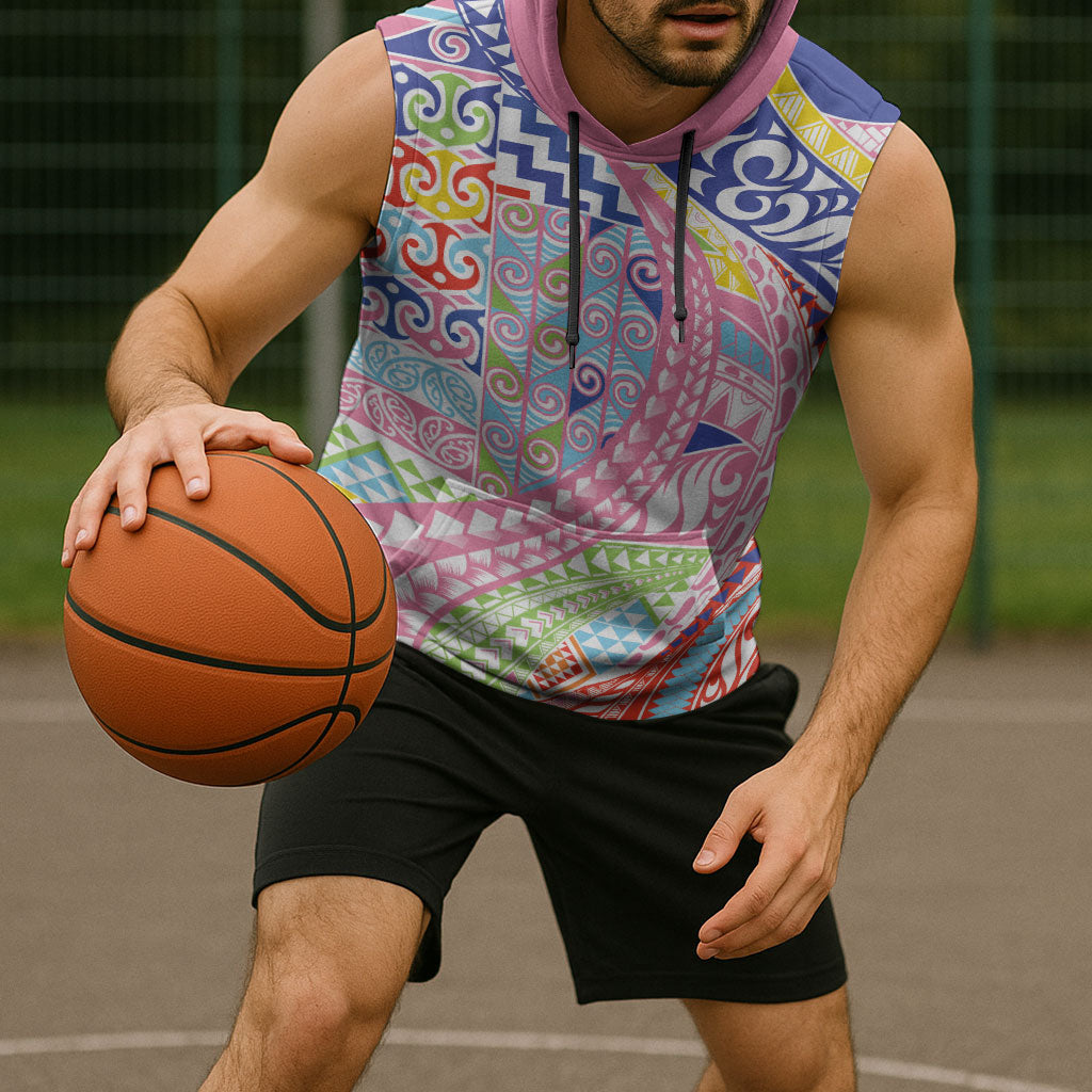 Maori Kowhaiwhai Taniko Patchwork Rainbow Motifs Sleeveless Hoodie