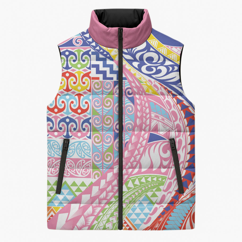 Maori Kowhaiwhai Taniko Patchwork Rainbow Motifs Sleeveless Puffer Jacket