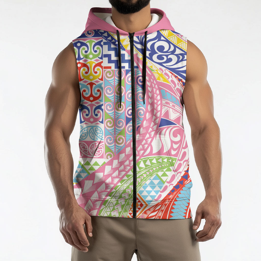 Maori Kowhaiwhai Taniko Patchwork Rainbow Motifs Sleeveless Zip Hoodie