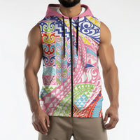 Maori Kowhaiwhai Taniko Patchwork Rainbow Motifs Sleeveless Zip Hoodie