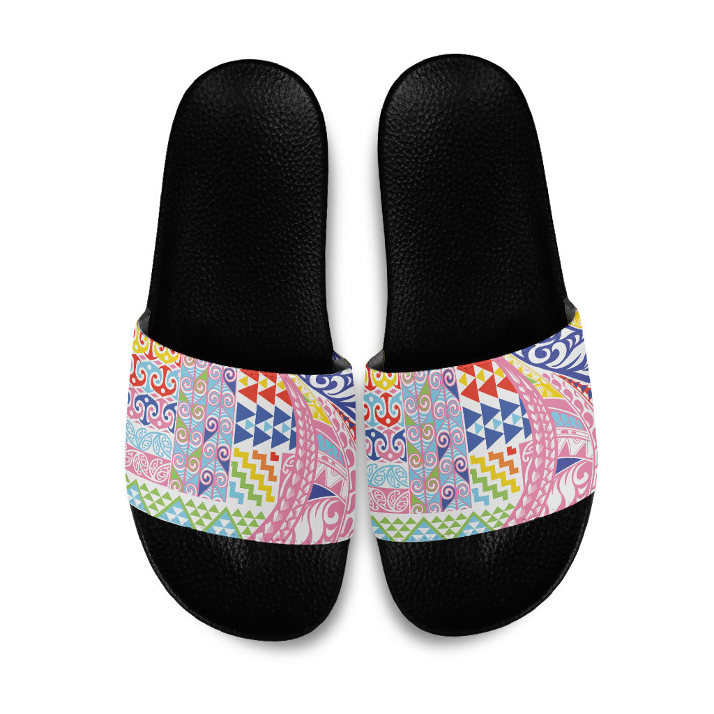 Maori Kowhaiwhai Taniko Patchwork Rainbow Motifs Slide Sandals