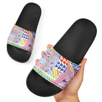 Maori Kowhaiwhai Taniko Patchwork Rainbow Motifs Slide Sandals