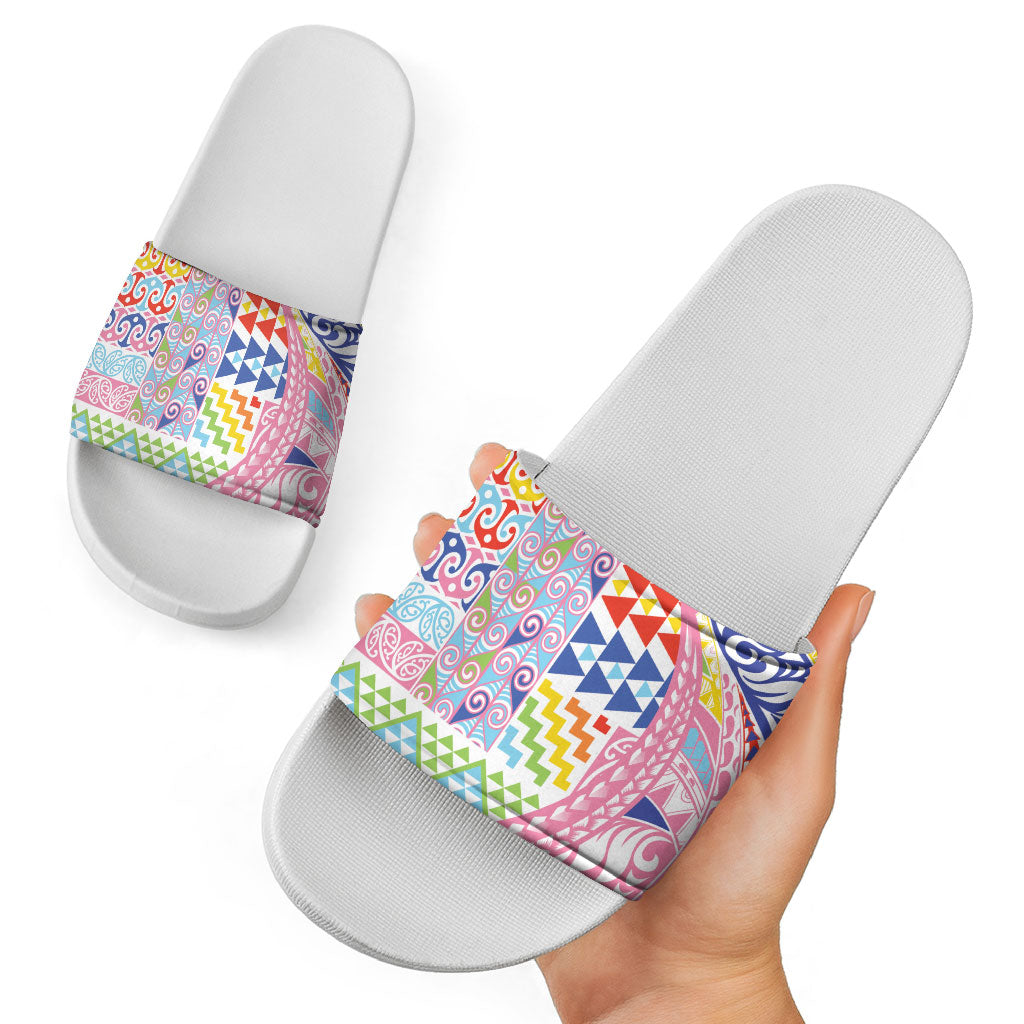 Maori Kowhaiwhai Taniko Patchwork Rainbow Motifs Slide Sandals