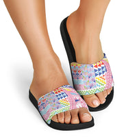Maori Kowhaiwhai Taniko Patchwork Rainbow Motifs Slide Sandals