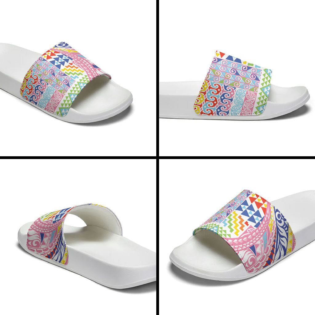 Maori Kowhaiwhai Taniko Patchwork Rainbow Motifs Slide Sandals