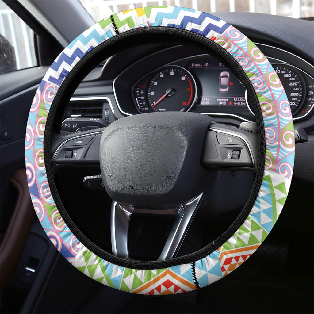 Maori Kowhaiwhai Taniko Patchwork Rainbow Motifs Steering Wheel Cover