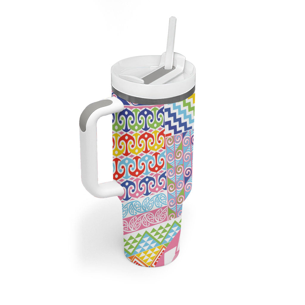 Maori Kowhaiwhai Taniko Patchwork Rainbow Motifs Tumbler With Handle
