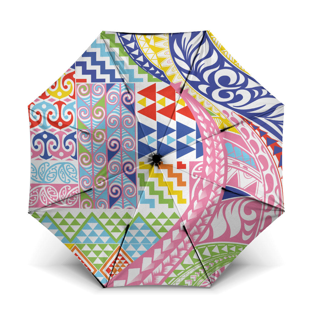 Maori Kowhaiwhai Taniko Patchwork Rainbow Motifs Umbrella LT9 One Size Folded 11.42 inch Opened Diameter 37.4 inch Rainbow - Polynesian Pride