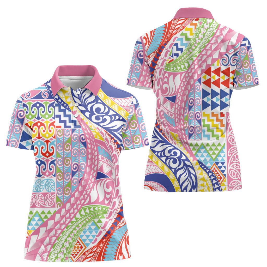 Maori Kowhaiwhai Taniko Patchwork Rainbow Motifs Women Polo Shirt