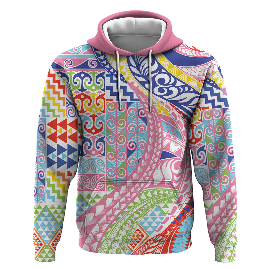 Maori Kowhaiwhai Taniko Patchwork Rainbow Motifs Zip Hoodie