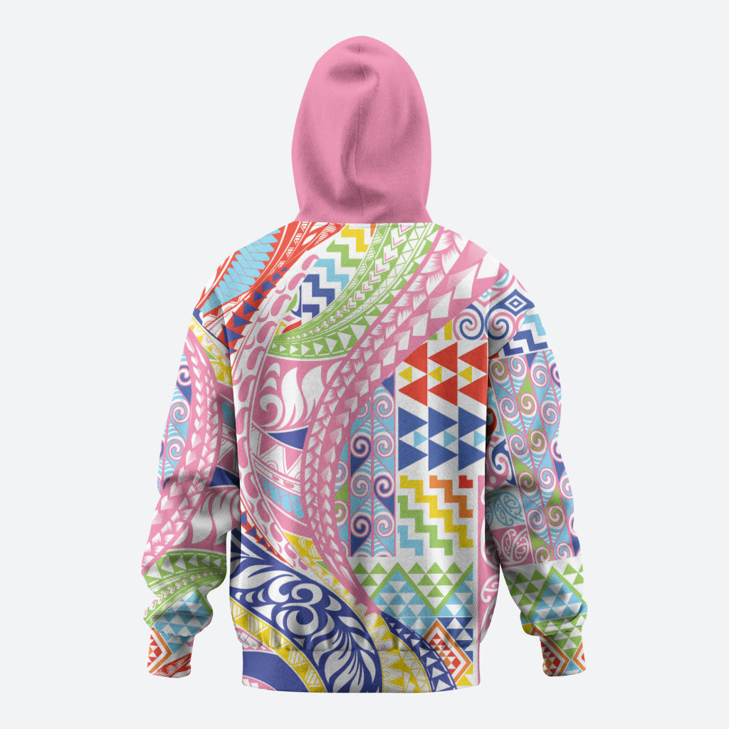 Maori Kowhaiwhai Taniko Patchwork Rainbow Motifs Zip Hoodie