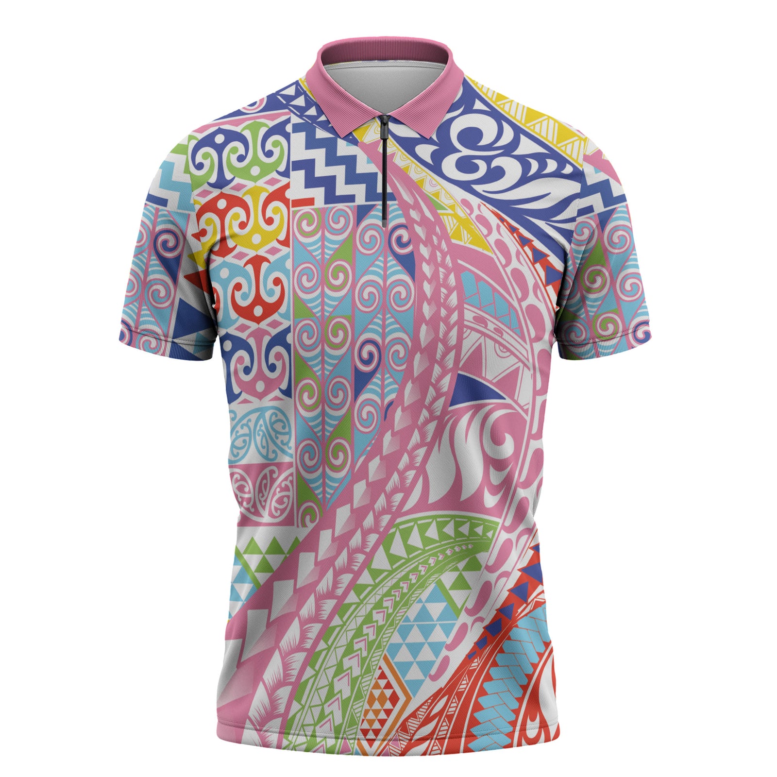 Maori Kowhaiwhai Taniko Patchwork Rainbow Motifs Zipper Polo Shirt