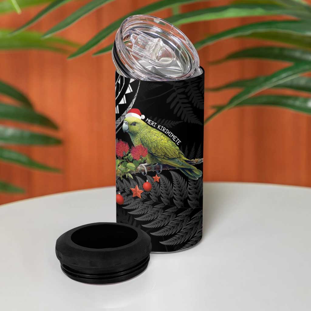 Meri Kirihimete Kakapo 4 in 1 Can Cooler Tumbler Black Silver Fern Christmas Vibe LT9 - Polynesian Pride