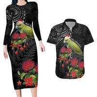 Meri Kirihimete Kakapo Couples Matching Long Sleeve Bodycon Dress and Hawaiian Shirt Black Silver Fern Christmas Vibe LT9 Black - Polynesian Pride