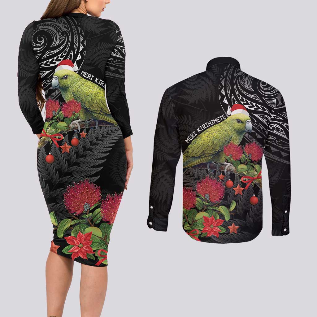 Meri Kirihimete Kakapo Couples Matching Long Sleeve Bodycon Dress and Long Sleeve Button Shirt Black Silver Fern Christmas Vibe LT9 - Polynesian Pride